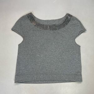 Alice & Olivia Bling Studded Neckline Sweat Top Women Small Gray